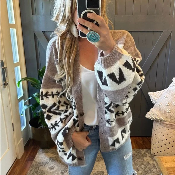 New Aztec Print Native Knit Wool Cardigan Sweater Button Front V-Neck Cozy - Picture 6 of 8